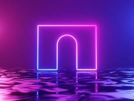 Neon glowing arch, gate, portal, entrance, abstract blue and pink background. 3d rendering.