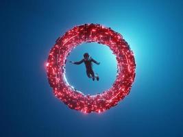 Cosmonaut flying through a luminous neon ring, portal. 3D rendering photo