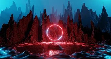 Sci fi alien planet landscape futuristic rock surreal lighting space travel glow ring red neon light 3D rendering photo