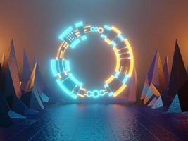 Neon glowing gate, portal, entrance, abstract green and orange background. 3d rendering.