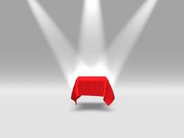 Podium, pedestal or platform covered with red cloth illuminated by spotlights on white background. Abstract illustration of simple geometric shapes. 3D rendering. photo