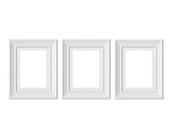 Set 3 3x4 Vertical Portrait picture frame mockup. Framing mat with wide borders. Realisitc paper, wooden or plastic white blank . Isolated poster frame mock up template on white background. 3D render. photo