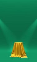 Podium, pedestal or platform covered with gold cloth illuminated by spotlights on green background. Abstract illustration of simple geometric shapes. 3D rendering. photo