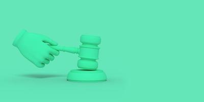 la mano de caricatura sostiene el mazo de un juez. ilustración sobre fondo de color verde. Representación 3D. foto
