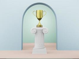 Abstract podium column with a golden trophy on the blue background with arch. The victory pedestal is a minimalist concept. 3D rendering. photo