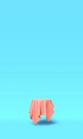 Podium, pedestal or platform covered with pink cloth on blue background. Abstract illustration of simple geometric shapes. 3D rendering. photo