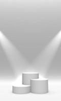 Podium, pedestal or platform white color illuminated by spotlights on white background. Abstract illustration of simple geometric shapes. 3D rendering. photo