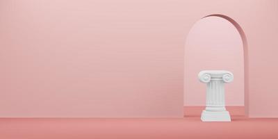 columna de podio abstracta sobre el fondo rosa con arco. el pedestal de la victoria es un concepto minimalista. espacio libre para texto. representación 3d foto