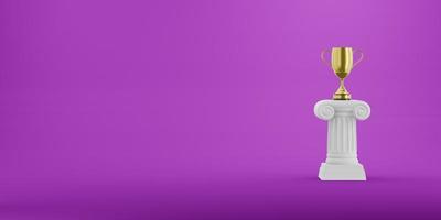 Abstract podium column with a golden trophy on the fuchsia background. The victory pedestal is a minimalist concept. Free space for text. 3D rendering. photo