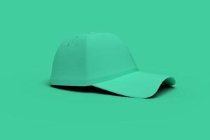 Green baseball hat on a green background abstract image. Minimal concept sport business. 3D render. photo