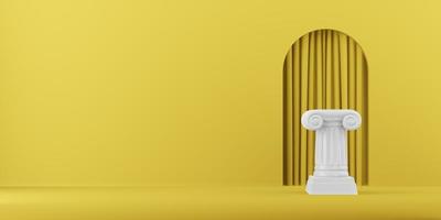 columna de podio abstracta sobre fondo amarillo con arco. el pedestal de la victoria es un concepto minimalista. representación 3d foto