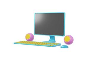 Computer cartoon style isolated white background. Realistic concept toy monitor, speaker, keyboard blue pink illustration. 3D rendering photo