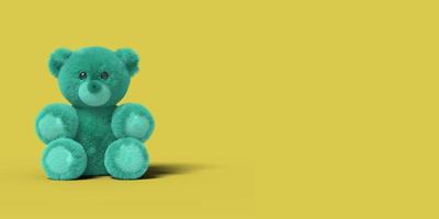 el oso de juguete azul está sentado en el suelo sobre un fondo amarillo. imagen abstracta negocio de juguetes de concepto mínimo. procesamiento 3d foto