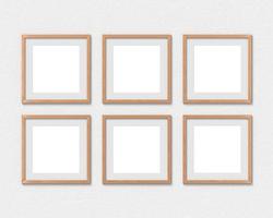 Set of 6 square wooden frames mockup with a border hanging on the wall. Empty base for picture or text. 3D rendering. photo
