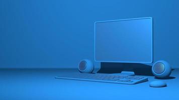 Personal computer, monitor, keyboard, mouse, speakers. Stylish minimal abstract horizontal scene, place for text. Trendy classic blue color. 3D rendering photo