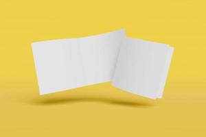 Two Mockup square booklet, brochure, invitation isolated on a yellow background with soft cover and realistic shadow. 3D rendering. photo