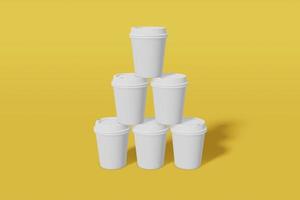 Set of six paper cup mockup with a lid stand in the shape of a pyramid on a yellow background. 3D rendering photo