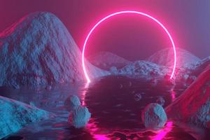 Glowing neon circle, portal, gate against the backdrop of a red-blue abstract fantastic landscape. 3D rendering photo