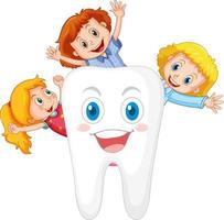 niños sosteniendo un diente grande sobre fondo blanco vector