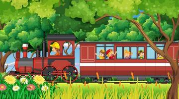 niños en un tren con escena natural vector