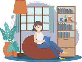 A woman working using laptop flat design at home vector