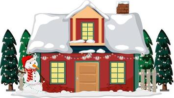 Snow covered house with Christmas light string and snowman vector