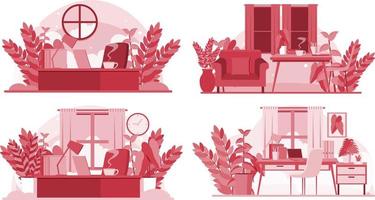 cuatro escenas de la oficina en casa sin gente vector
