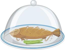 Grilled fish on round plate with glass cover on white background vector