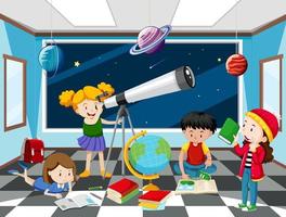 niños mirando el planeta con telescopio en el observatorio vector