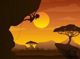 Silhouette scene wtih people climbing rock vector