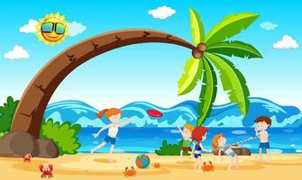 niños jugando en la playa vector