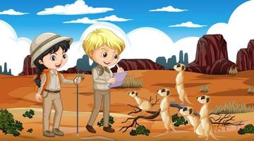 Explorer kids with meerkat group in desert forest vector