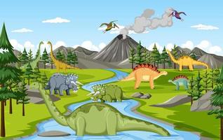 dinosaurio en la escena del bosque prehistórico vector