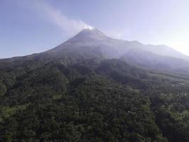 Aerial view of Mount Merapi Landscape with small eruption in Yogyakarta, Indonesia Volcano Landscape View.