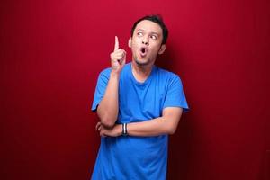 Shock Young asian man is surprised and shouting wow with pointing above with his hand isolated on red background. photo