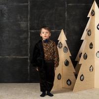 the little boy next to decorative Christmas trees photo