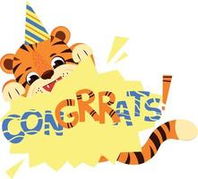 Funny Tiger with Lettering Congrats. Lettering for Greeting Card for Baby vector