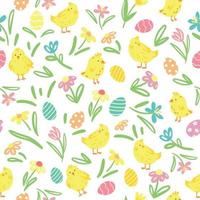 Easter Seamless Pattern with Cute Chikens, Easter Eggs and Spring Flowers vector