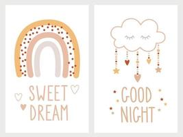 Set of cute baby shower cards with rainbow, cloud, and calligraphy quotes. Vector illustration for kids bedding, fabric, wallpaper, invitations, posters.