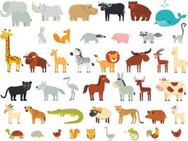 gran conjunto de animales de dibujos animados. una jirafa, un león, un elefante, una cebra, un hipopótamo, un lémur, un búfalo, un guepardo, un antílope, una hiena, una ballena. etc. vector