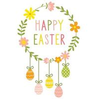 Happy Easter greeting card with a cute flowers frame and colored eggs. vector