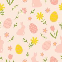 Easter seamless pattern with bunny, eggs, and flowers. Vector illustration.