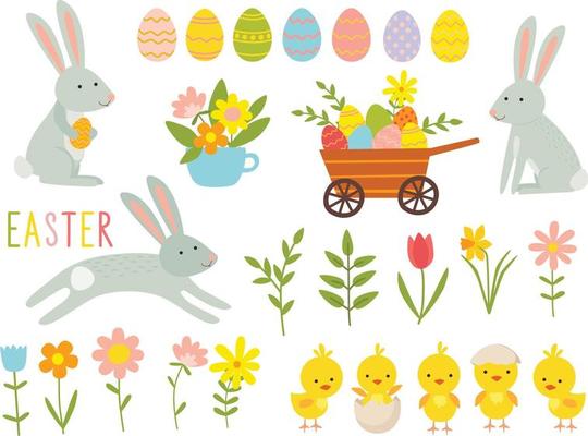 Set of cute Easter cartoon characters and design elements. Easter bunny, chickens, eggs, and flowers. Vector illustration.