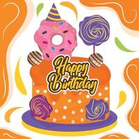 Colored happy birthday card Isolated cake with donut Vector