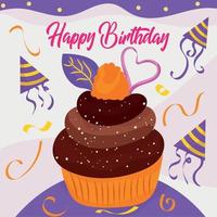 tarjeta de feliz cumpleaños púrpura con vector de cupcake isoltaed