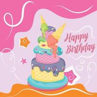 Colored birthday gift card isolated cake with ice cream Vector illustration