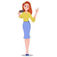 The woman waves her hand at the phone camera. vector