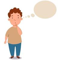 A fat curly-haired Boy in pants and a T-shirt. The child is thinking about an idea. vector