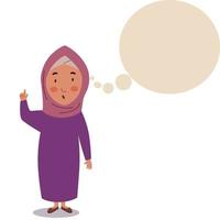 A girl in a hijab stands with her hand raised up. vector