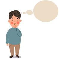 An Asian boy stands with his finger to his mouth. The child is thinking about some idea. vector